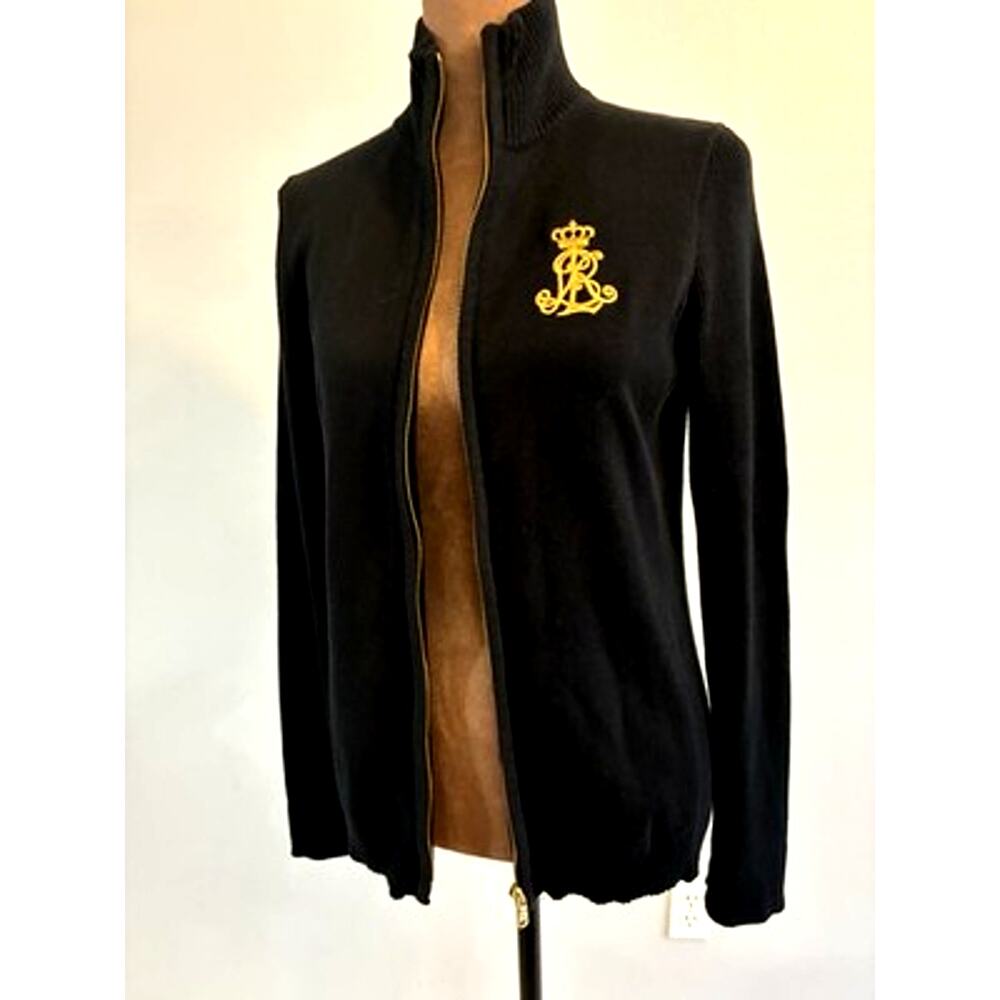 VTG Ralph Lauren Black Cable Knit Cardigan Gold Crest Full Zip Sweater Mock Med - Picture 5 of 16